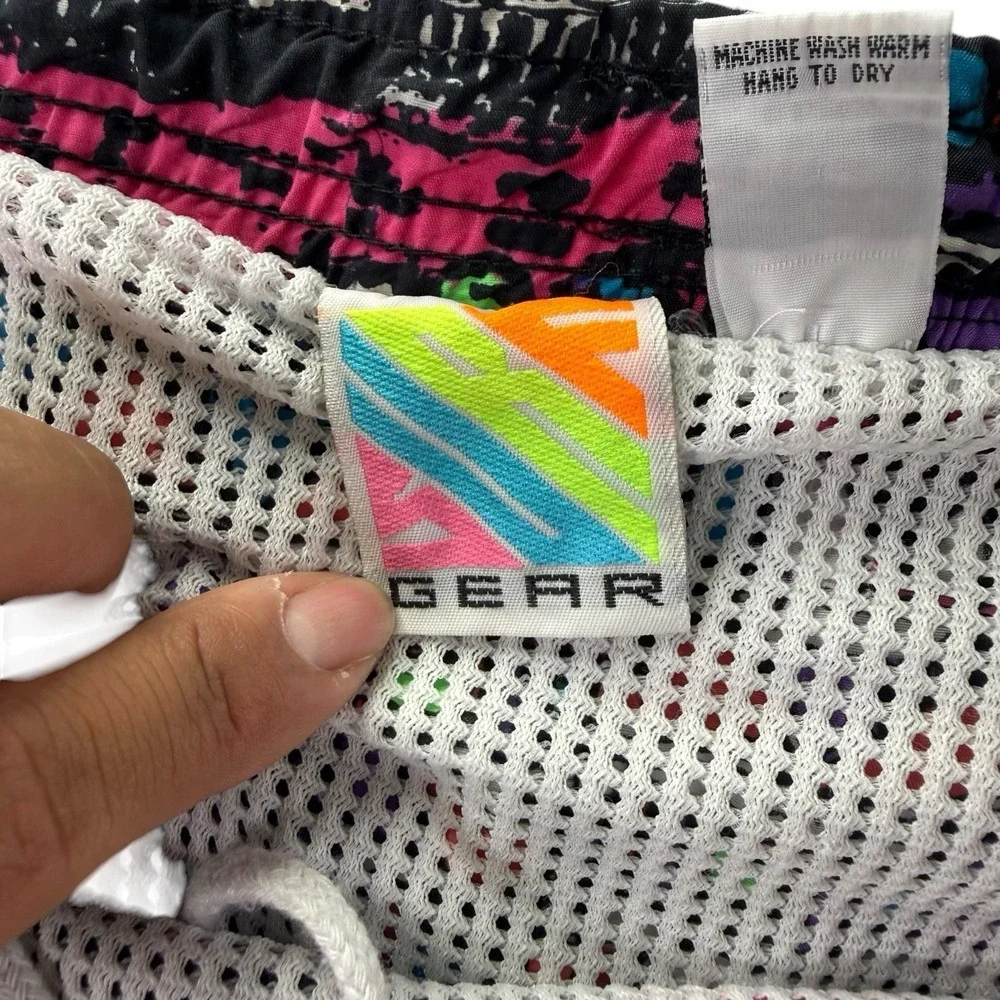 Vintage Surf Gear Men's Size 38-40 Neon Geometric Nylon Swim Trunks 90s